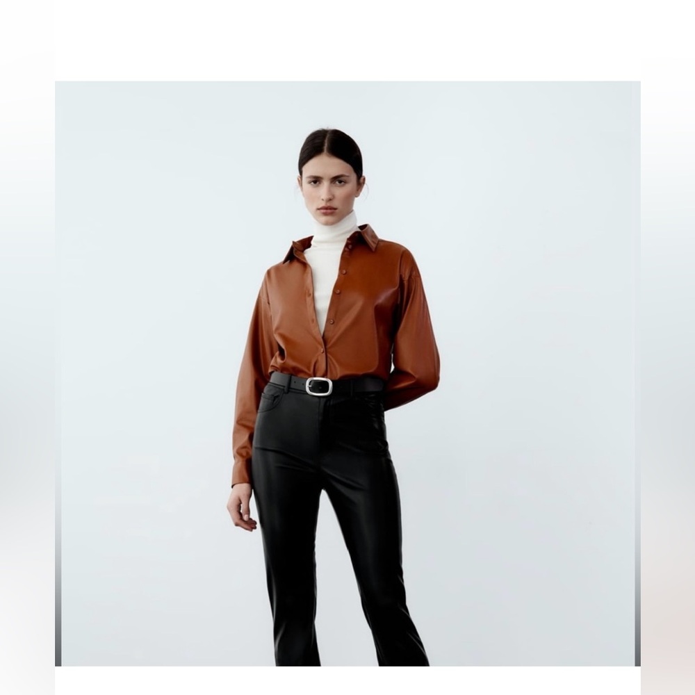 Zara Brown Leather Button Down Top Size Small